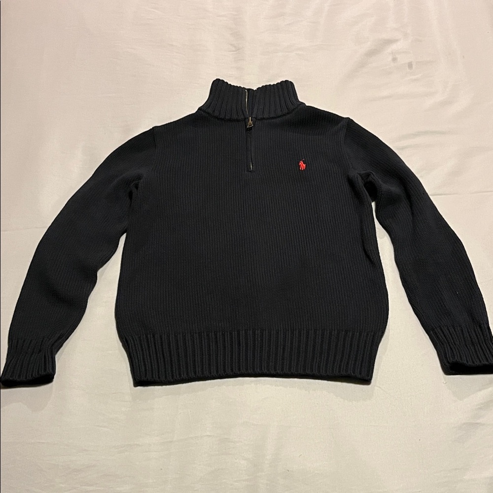Polo by Ralph Lauren Boys Black Quarter-Zip Cable Knit Cotton Sweater Red Emblem